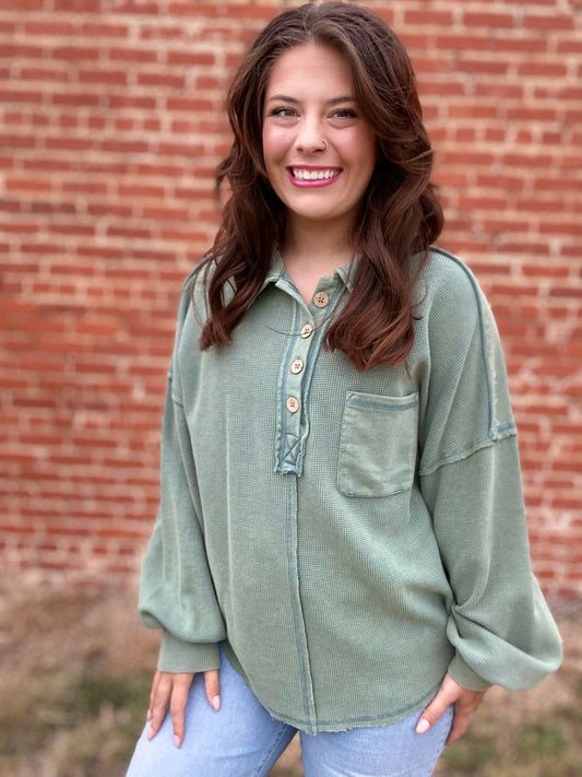 Tops Acid Waffle Pullover- Green