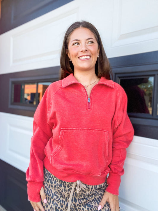 apparel Amelie Quarter Zip Sweatshirt- Red