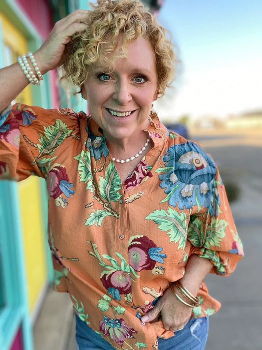 Tops Cady Floral Balloon Sleeve Top- Coral