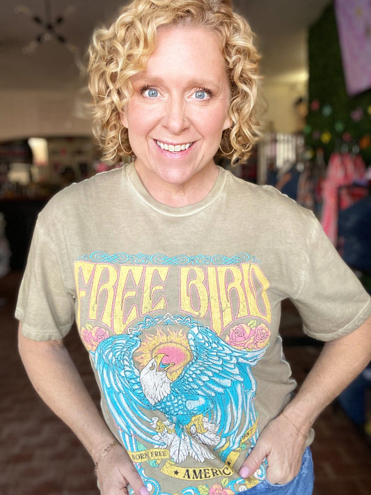Graphic Tees Free Bird Graphic 1987 Tee-Taupe