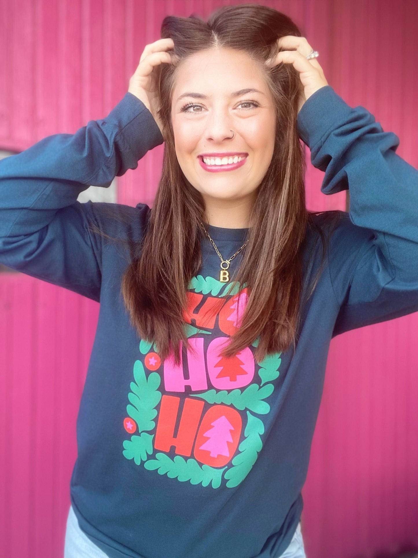 Graphic Tees Ho Ho Ho Christmas Tree Tee Long Sleeve