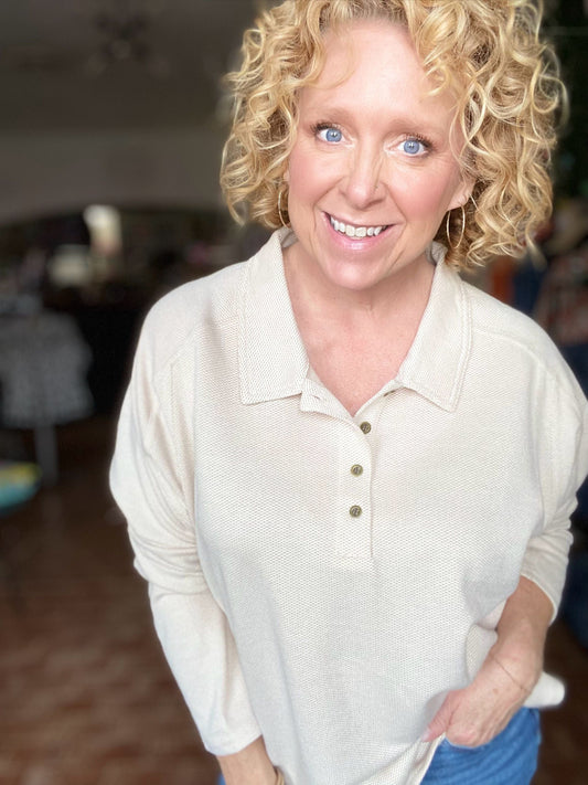 Tops Jewels Half Button Pullover-Oatmeal