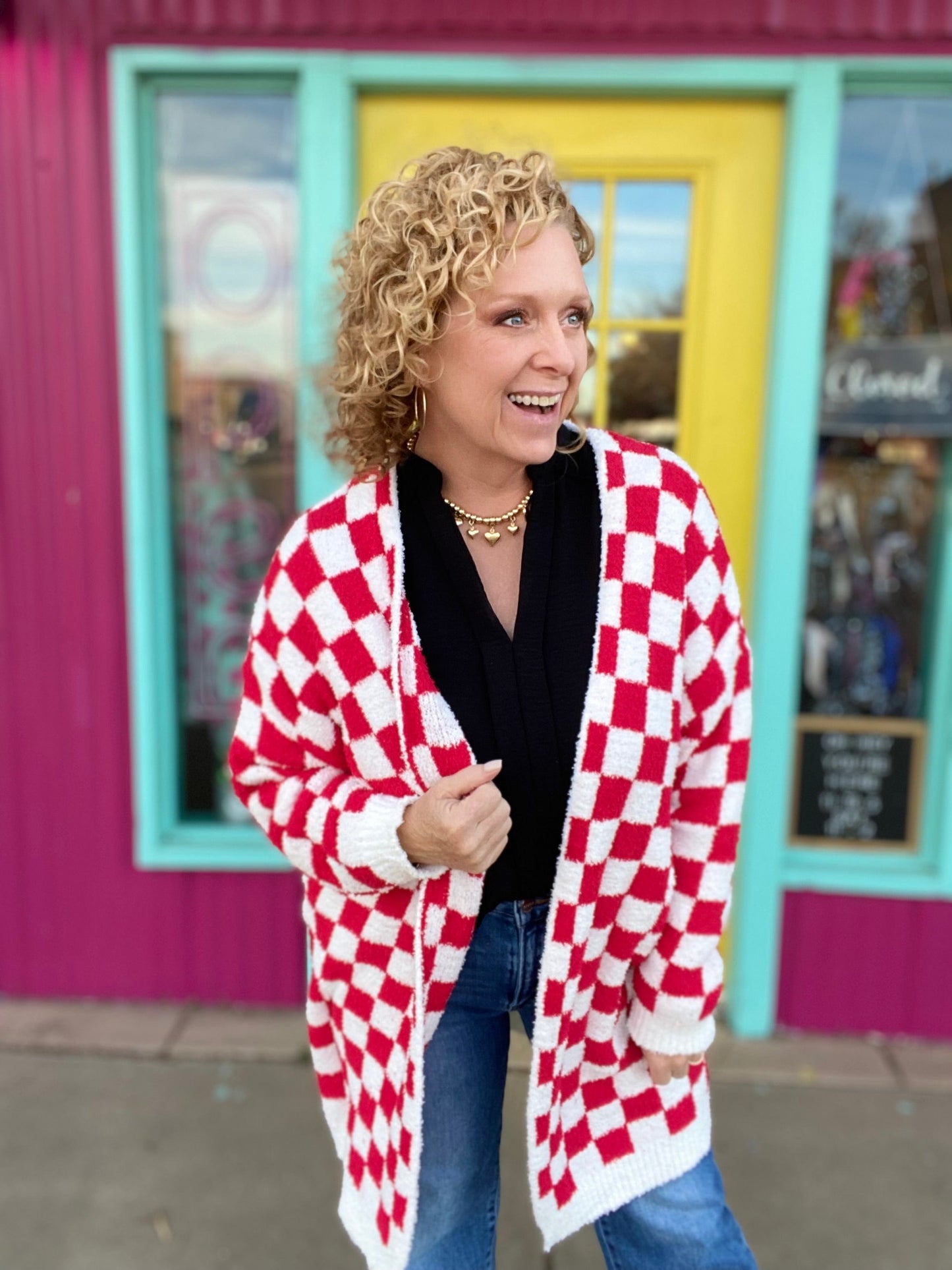 Tops Gigi Red Checked Cloud Cardi One Size