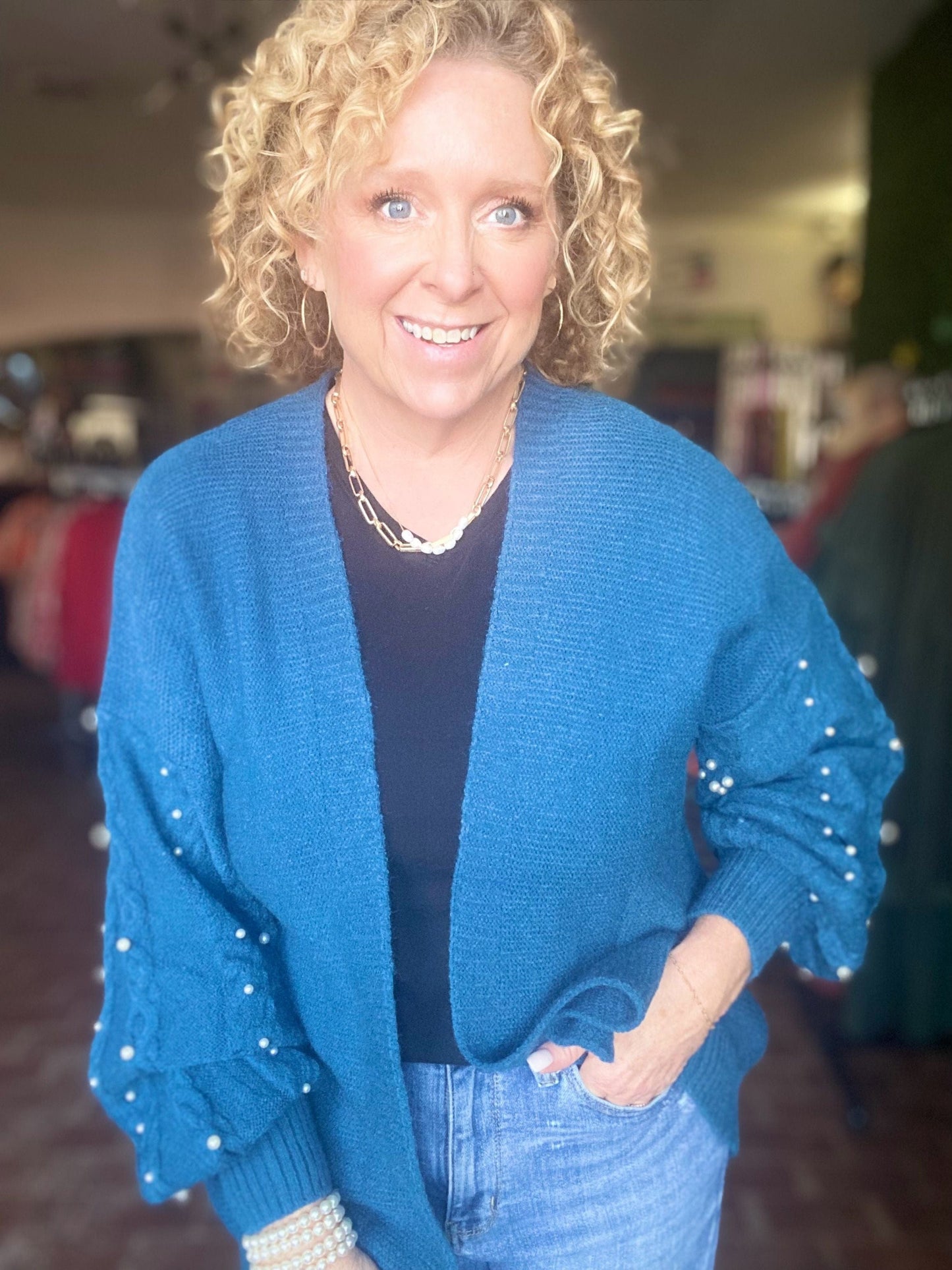 Tops Pearly Girl Fancy Cardi-Teal