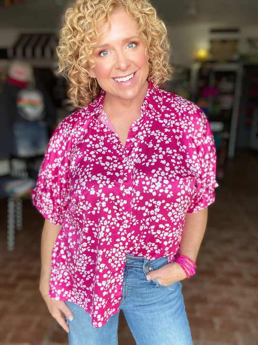 Tops Satin Ditzy Floral Blouse
