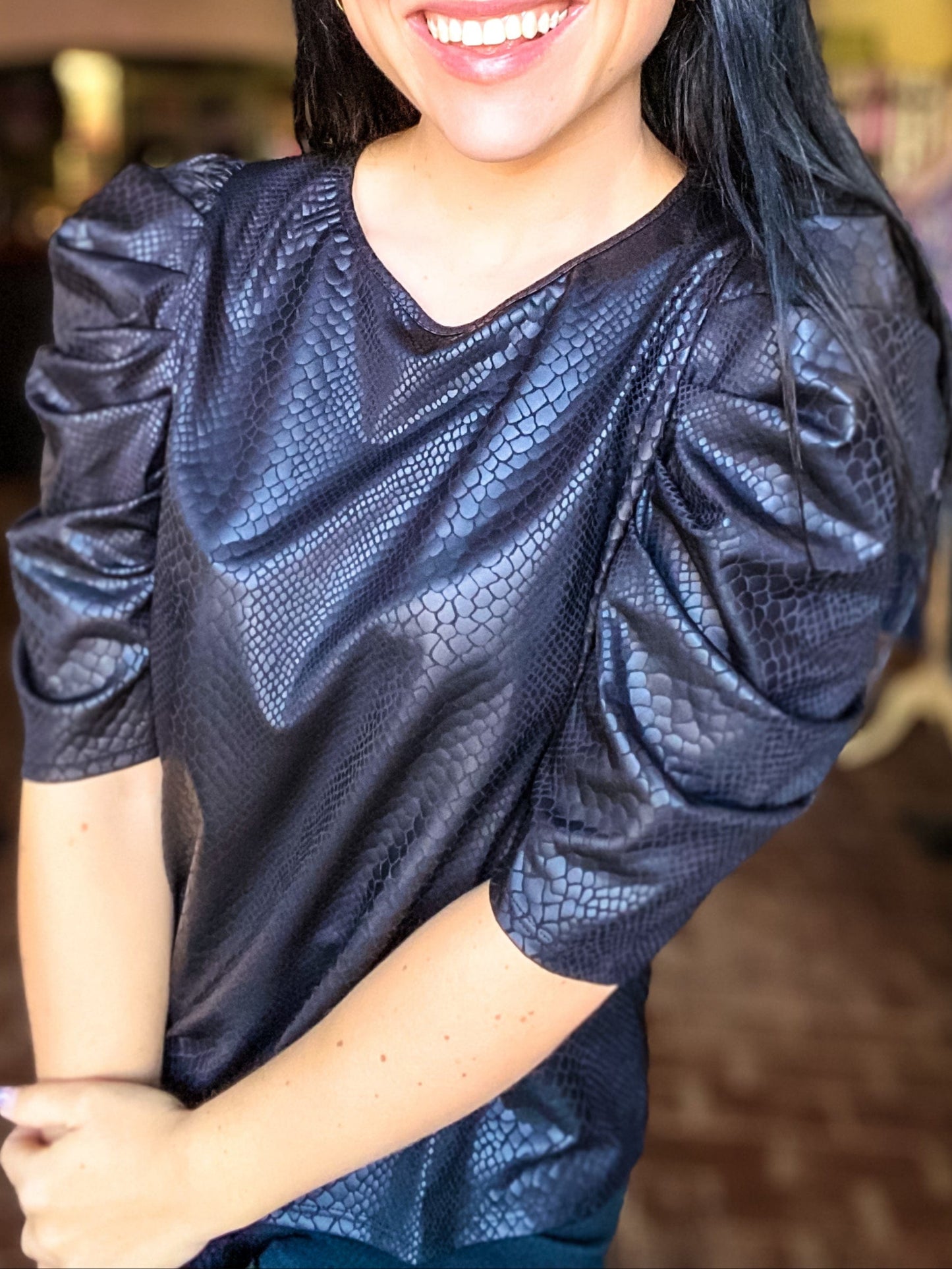 Shirts & Tops Selene Snake Print Puffy Sleeve Top