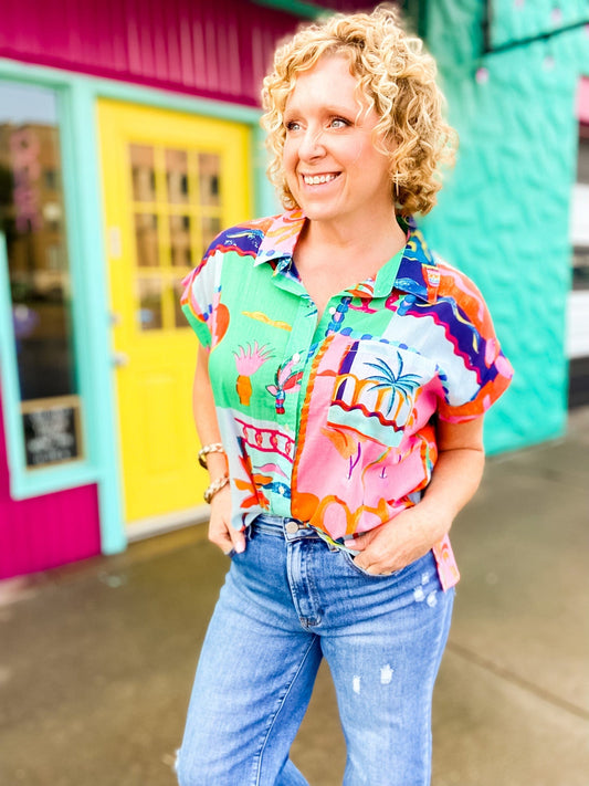 Tops Tropical Vacay Print Button Down
