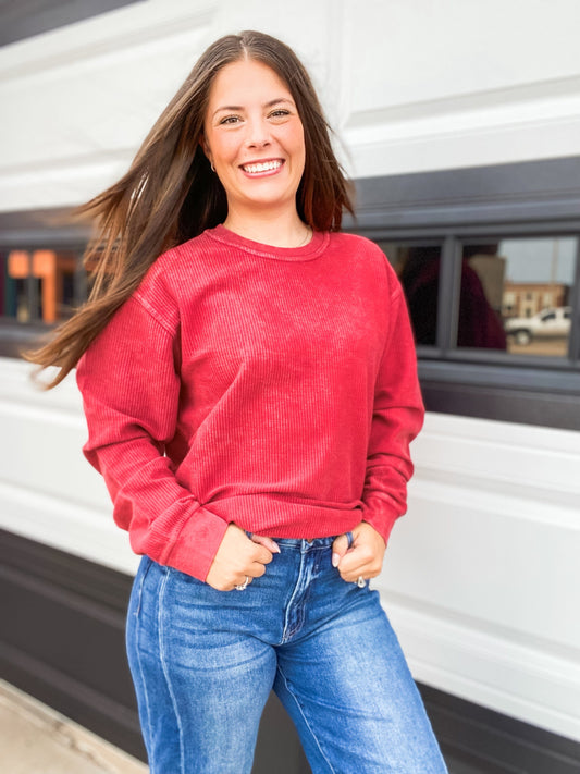 Vintage Wash Corded Crew Sweatshirt-Red
