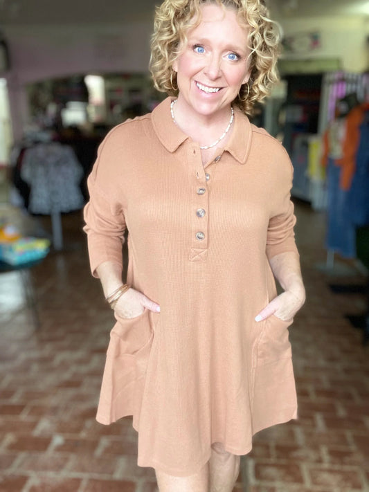 Waffle Knit Shirt Dress-Camel