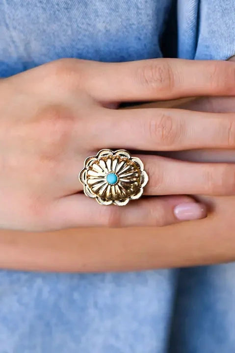 Turquoise and Gold Concho Ring