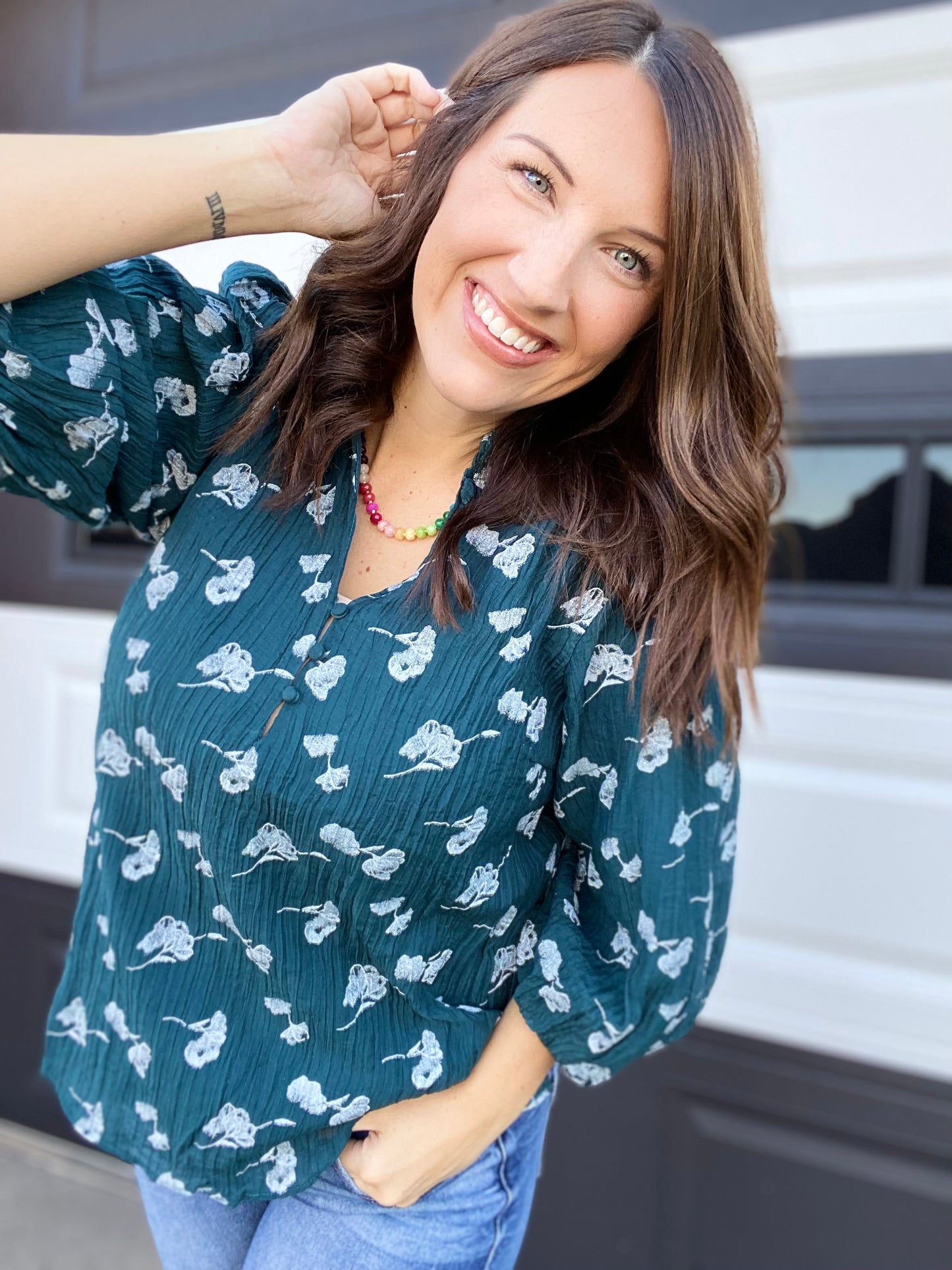 Glitter Floral Blouse- Teal