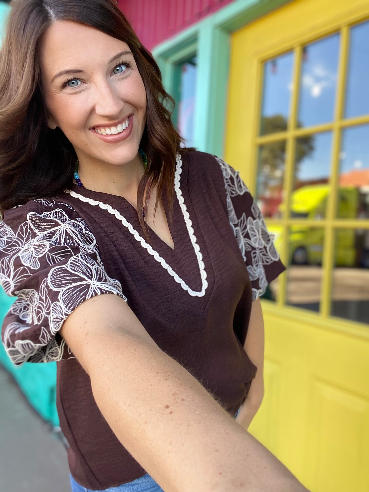 Brown Floral Puff Sleeve Top