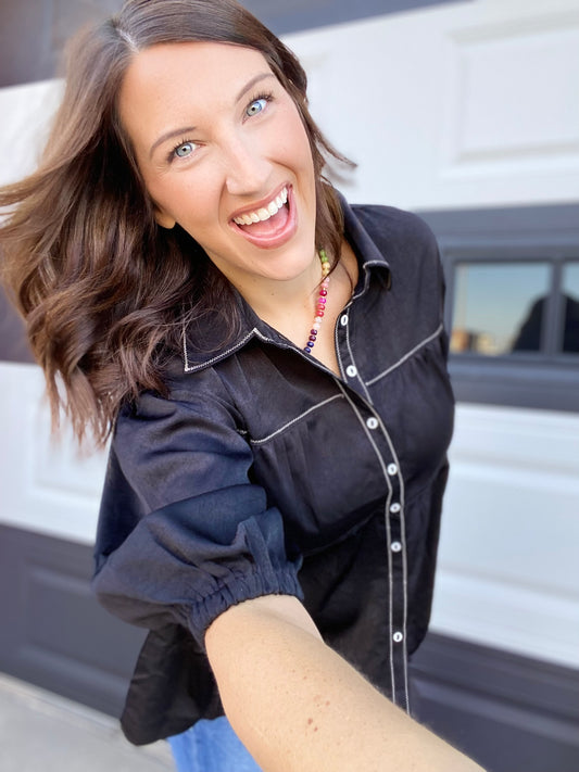 Clarissa Button Front Peplum Top- Black