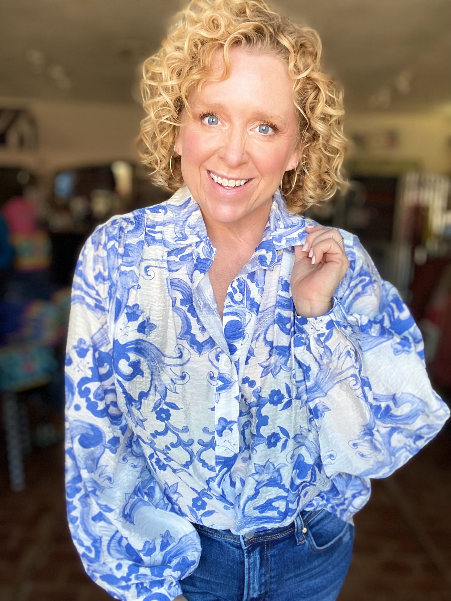 Royal Swirl Button Down Blouse