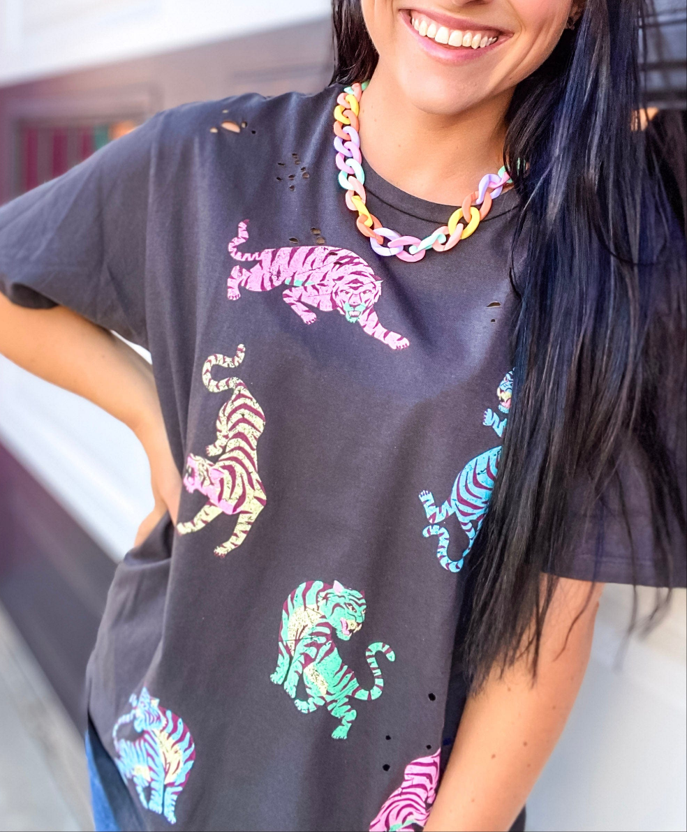 Distressed Neon Tiger Tee-Black