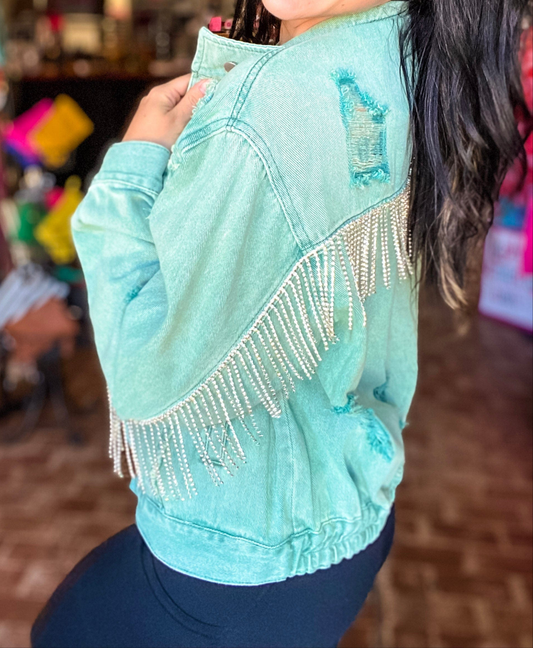 Distressed Rhinestone Fringe Jacket Vintage Green