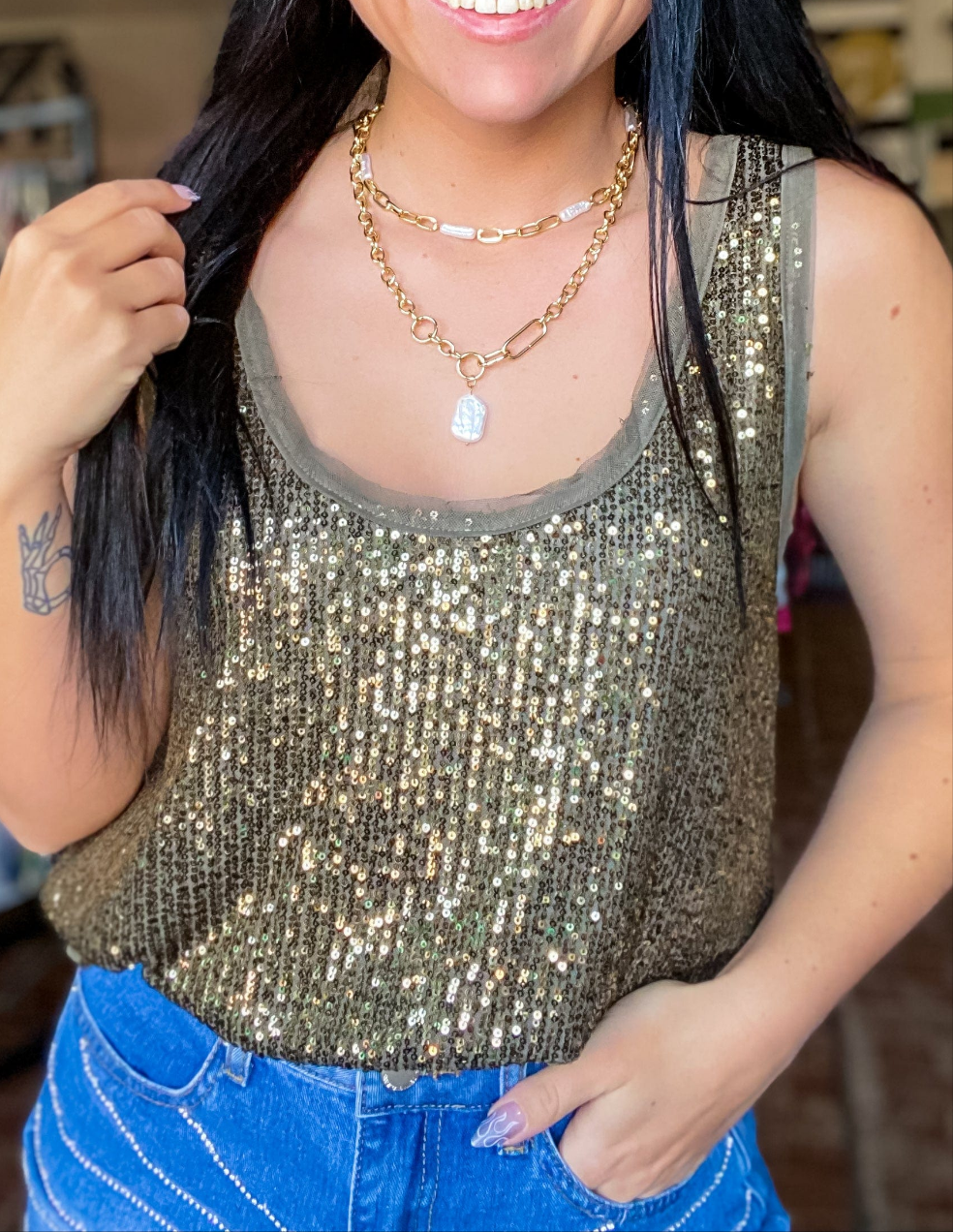 Sequin Tank-Olive