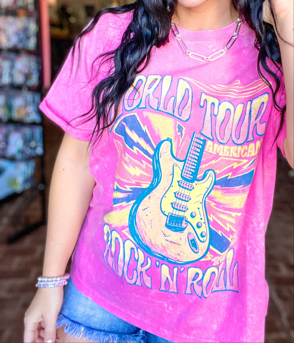 World Tour Rock and Roll Tee- Hot Pink