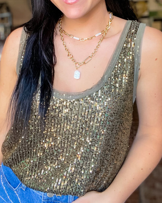 Sequin Tank-Olive