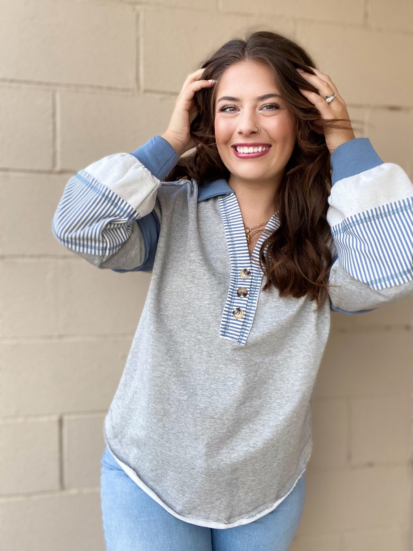 Traci Striped Pullover- Gray & Blue