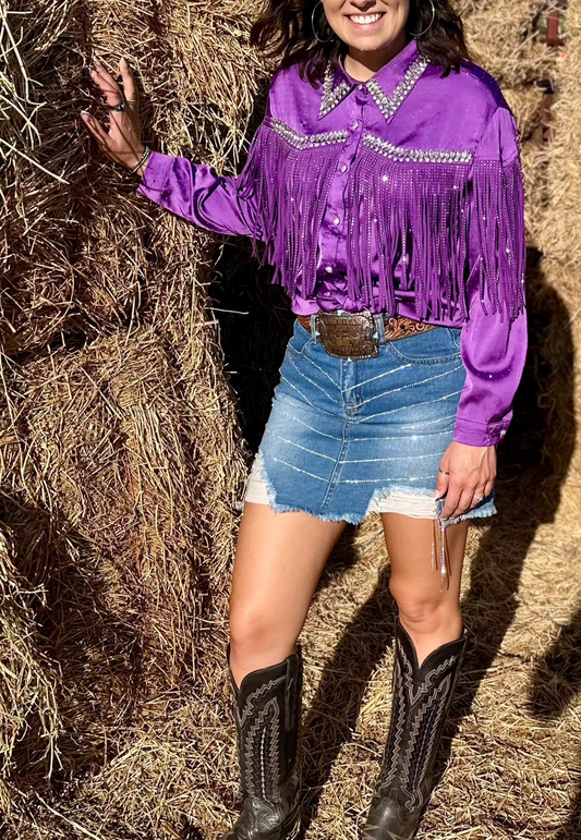 Dolly Sequin Fringe Top-Purple