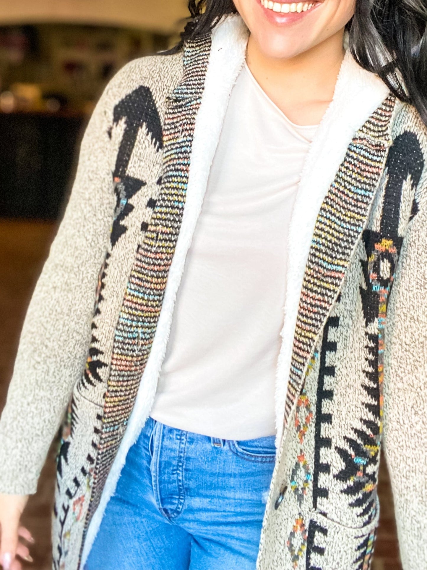 Outerwear Aztec Cardigan with Sherpa Lining