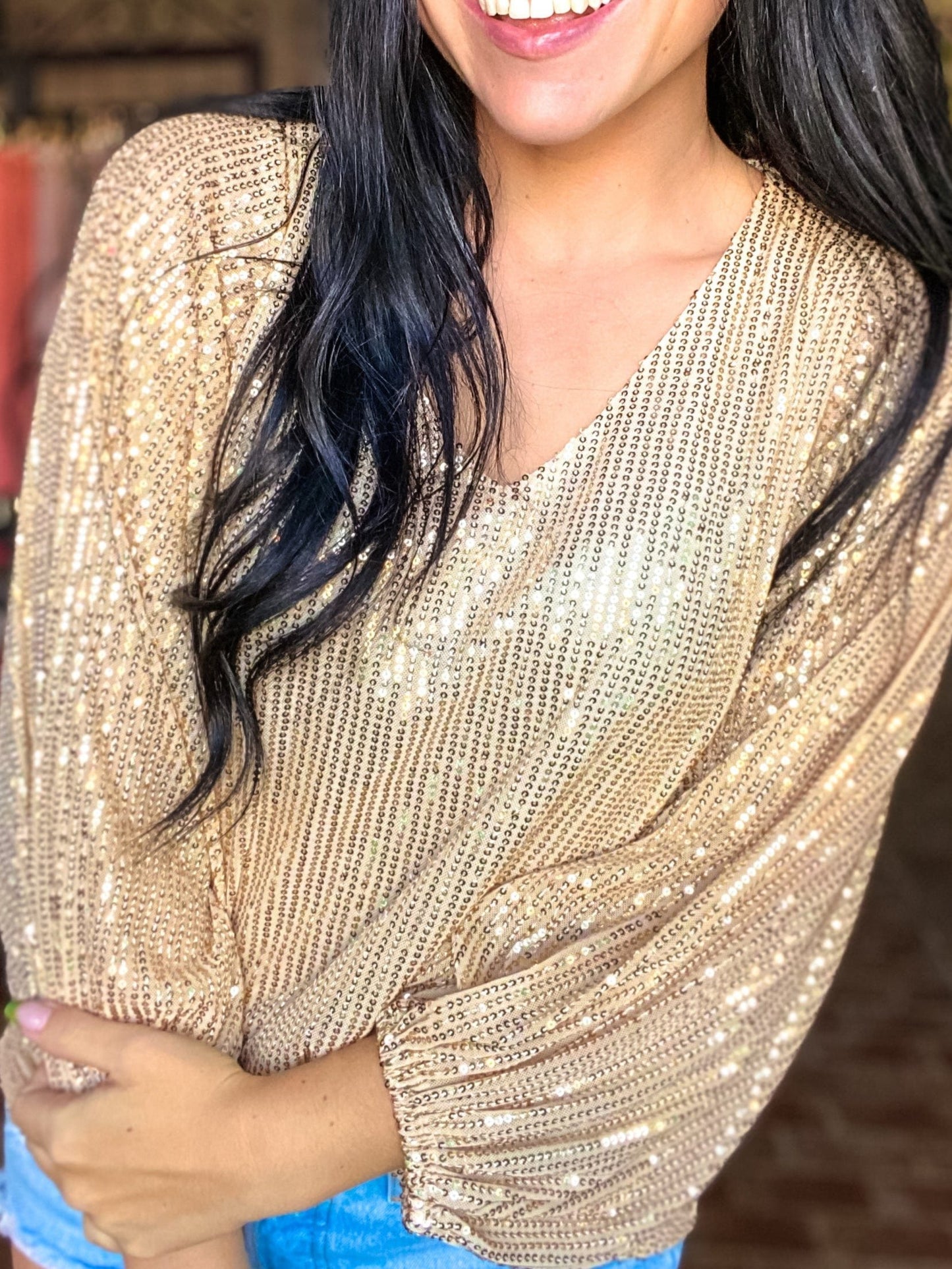 Tops Balloon Sleeve Sequin Top-Gold