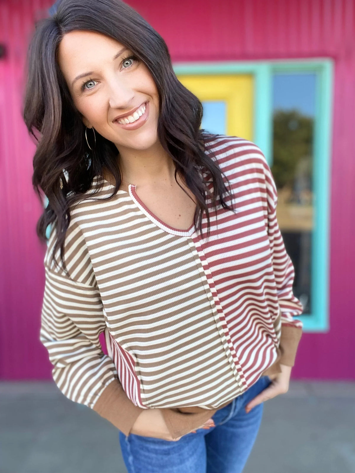 Tops BiBi Thermal Stripe Color Block Pullover