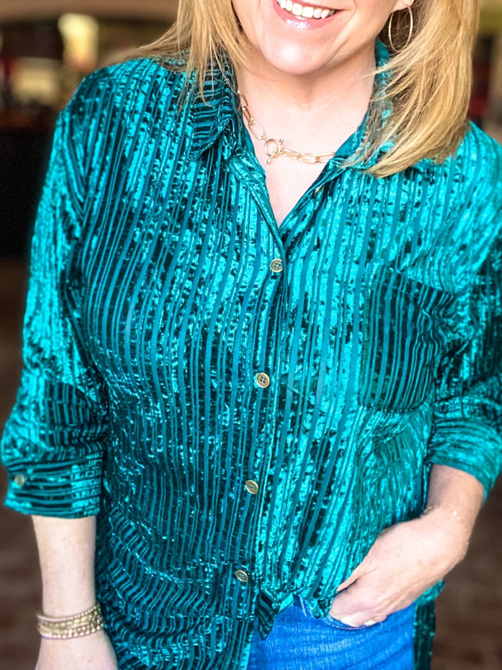 Bri Velvet Stripe Button Down- Dark Teal