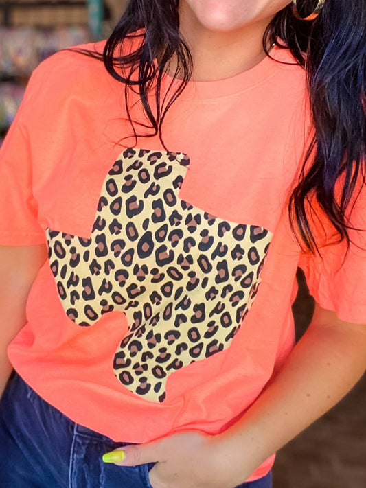 Graphic Tees Bright Coral Leopard Texas Tee