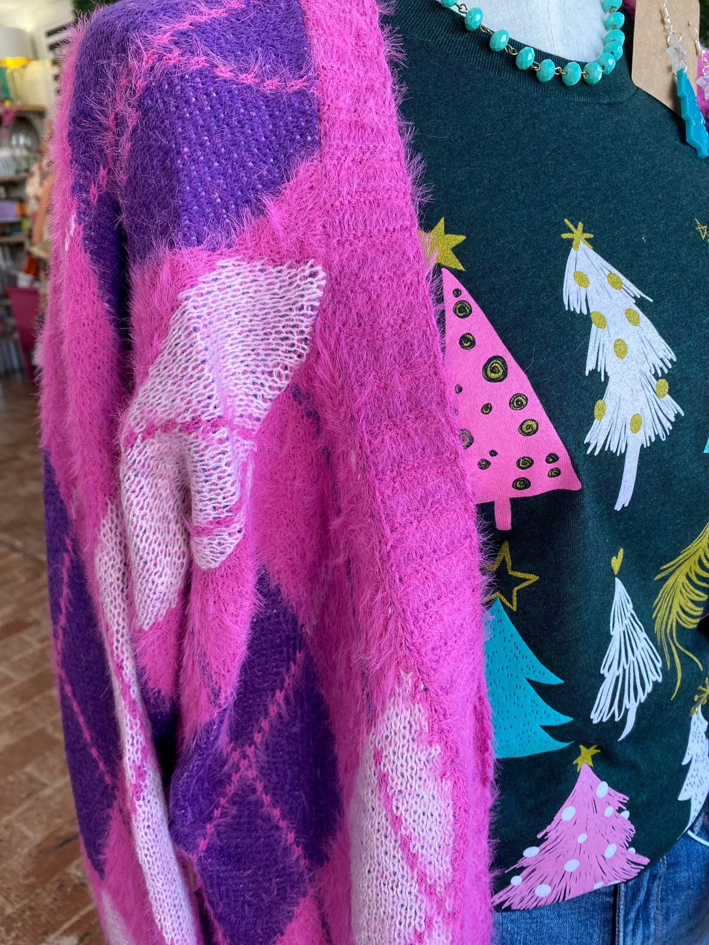 Tops Buffy Argyle Cardigan- Fuchsia