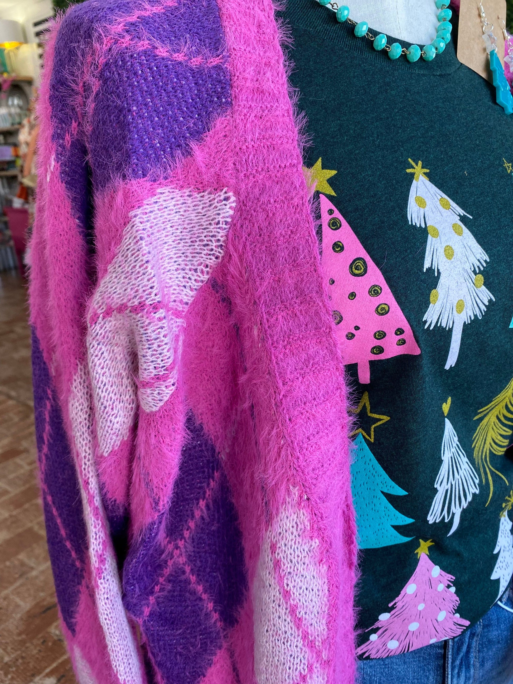 Tops Buffy Argyle Cardigan- Fuchsia