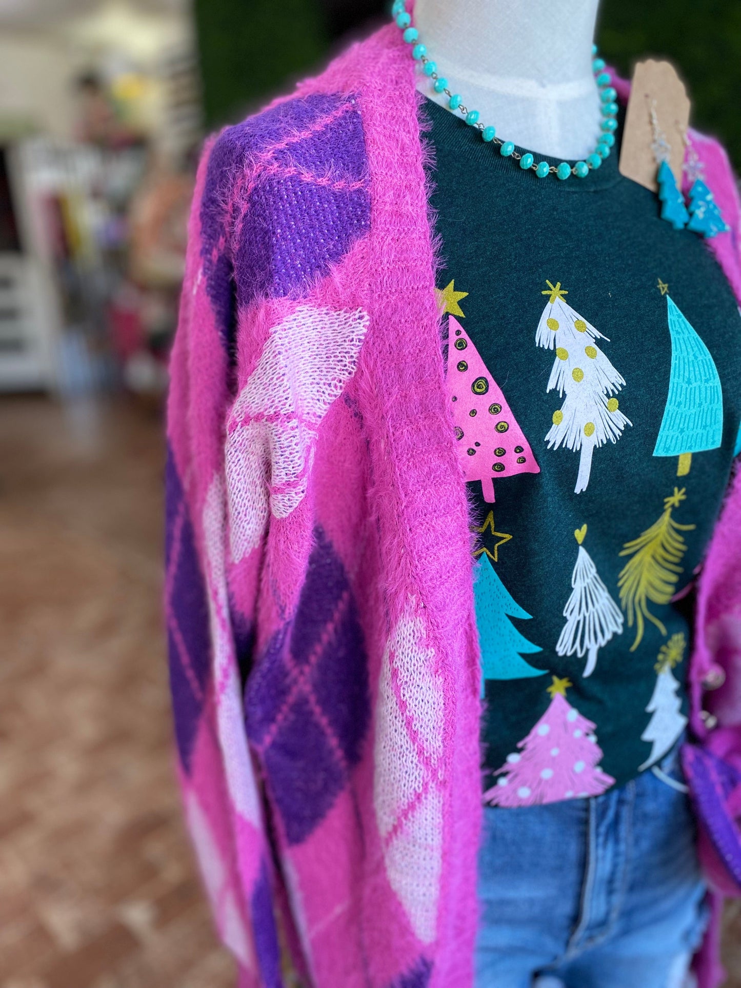 Tops Buffy Argyle Cardigan- Fuchsia