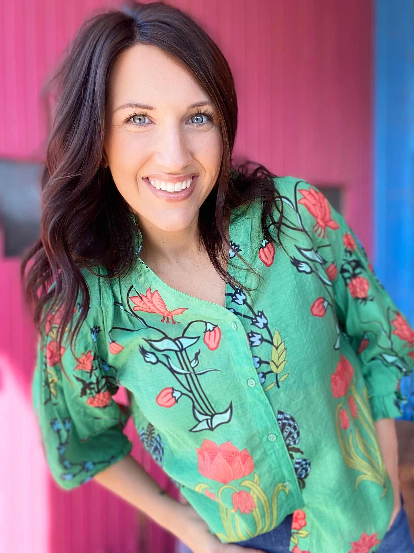 Tops Cady Floral Balloon Sleeve Top- Green