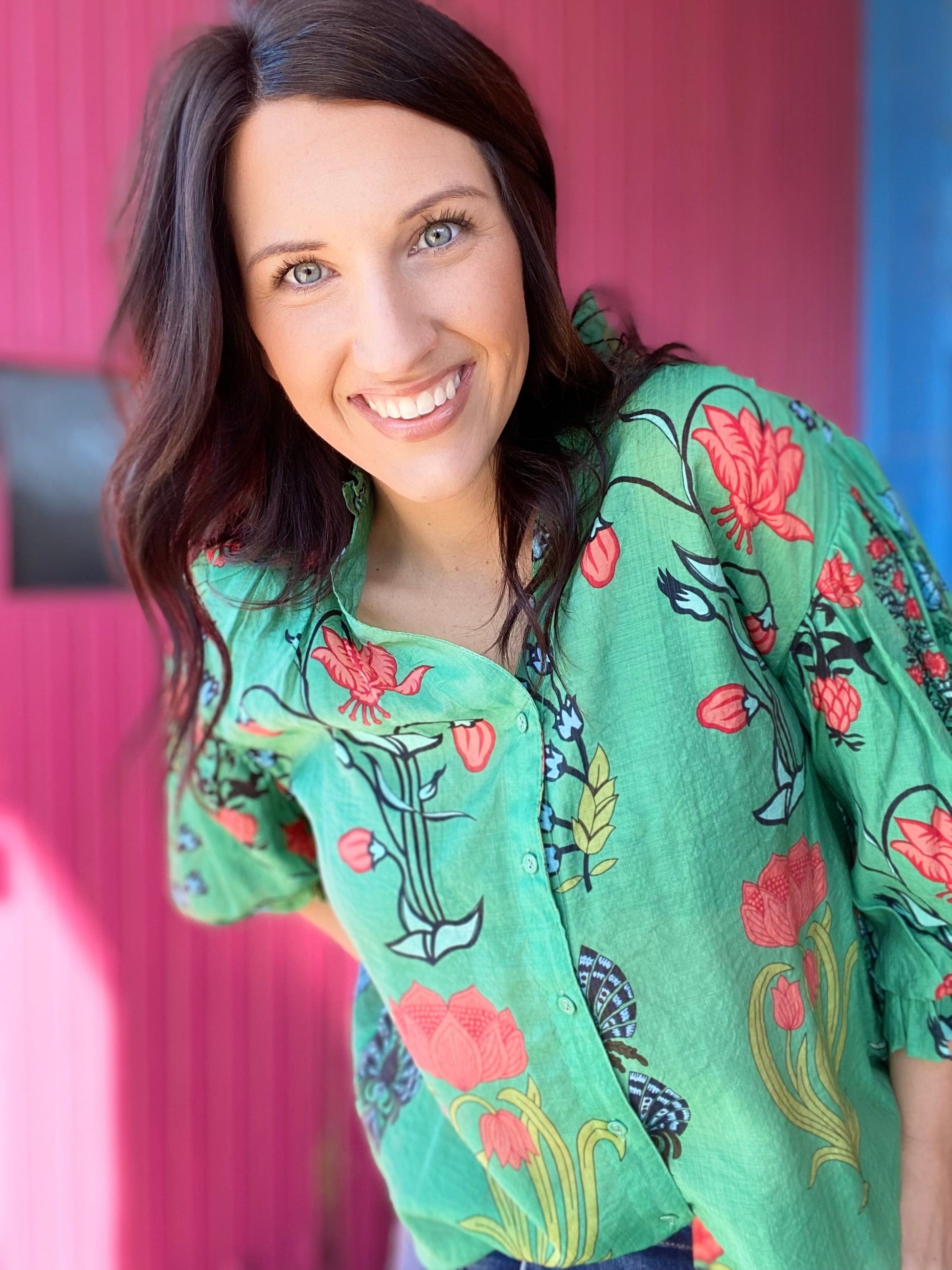 Tops Cady Floral Balloon Sleeve Top- Green