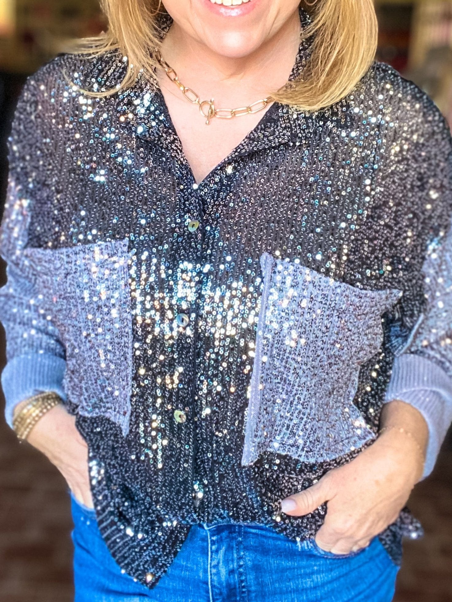 Tops Color Block Sequin Blouse- Black/Gray