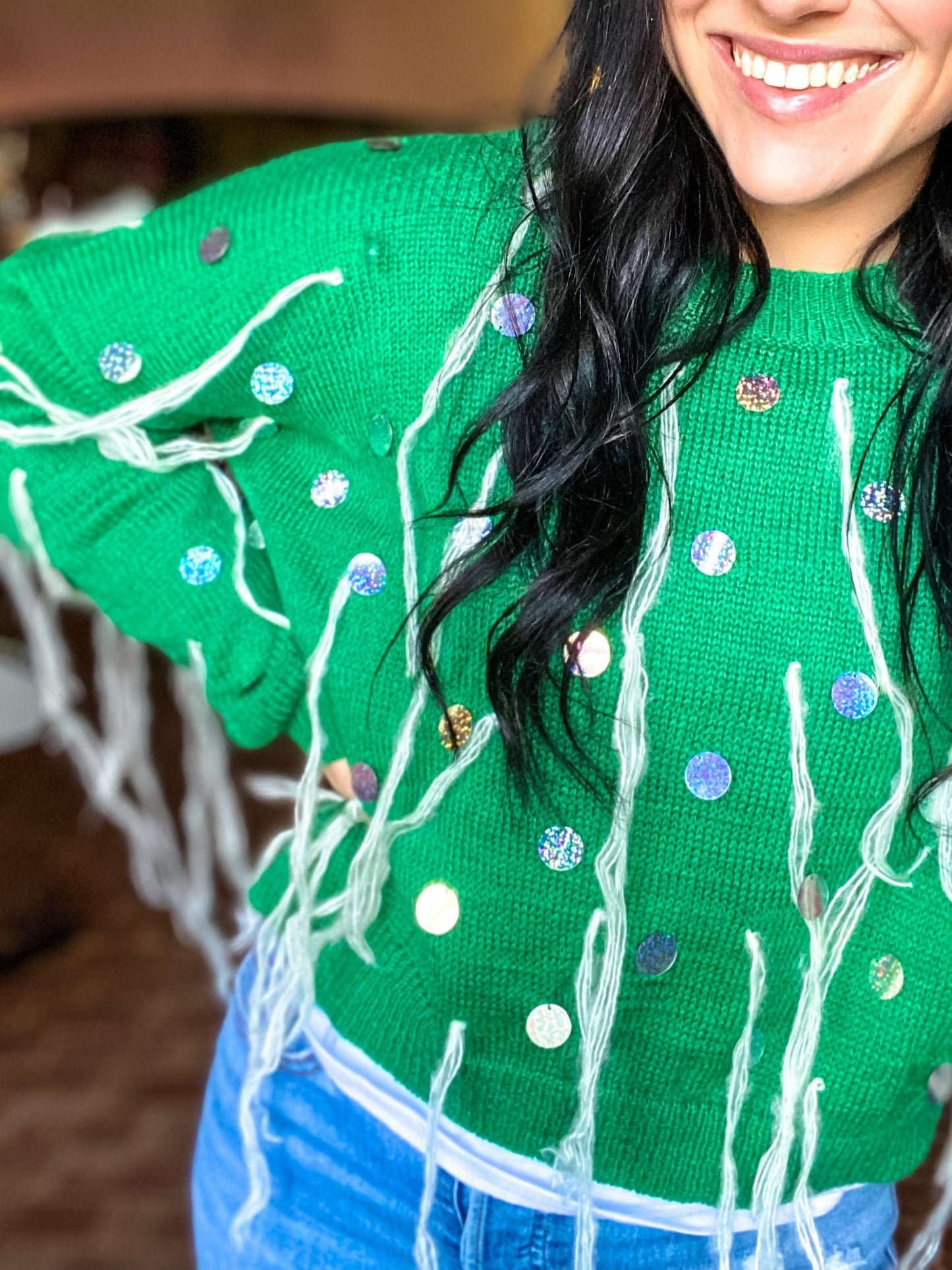 Outerwear Crazy Fringe Sweater- Emerald