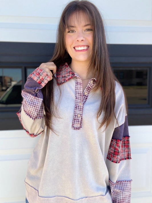 Tops Cream and Plaid Henley