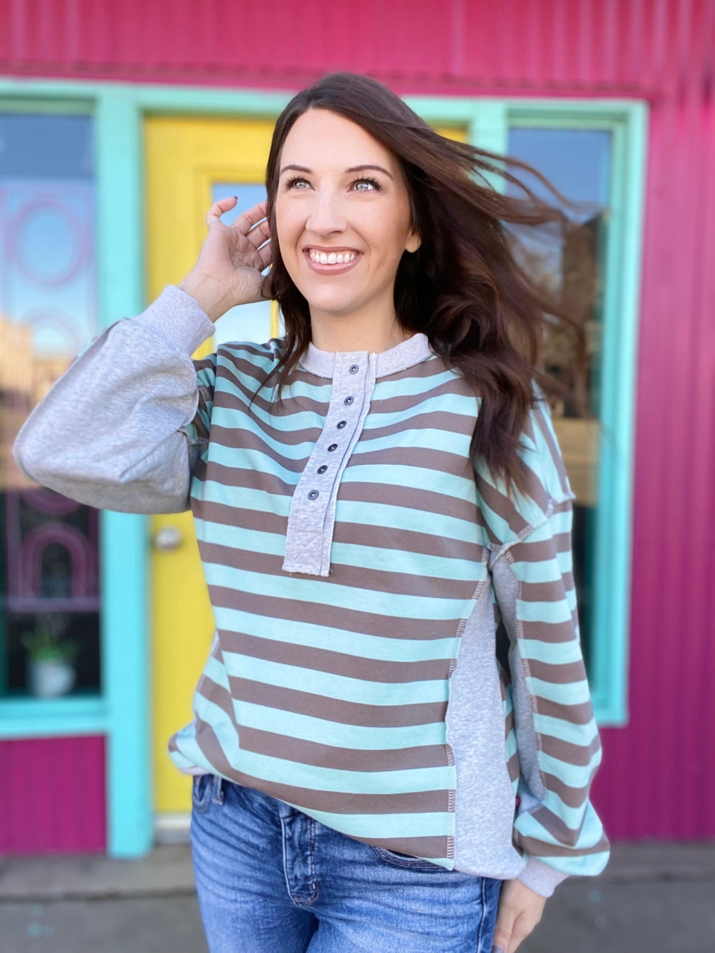 Shirts & Tops Emily Stripe Half Button Pullover- Mint