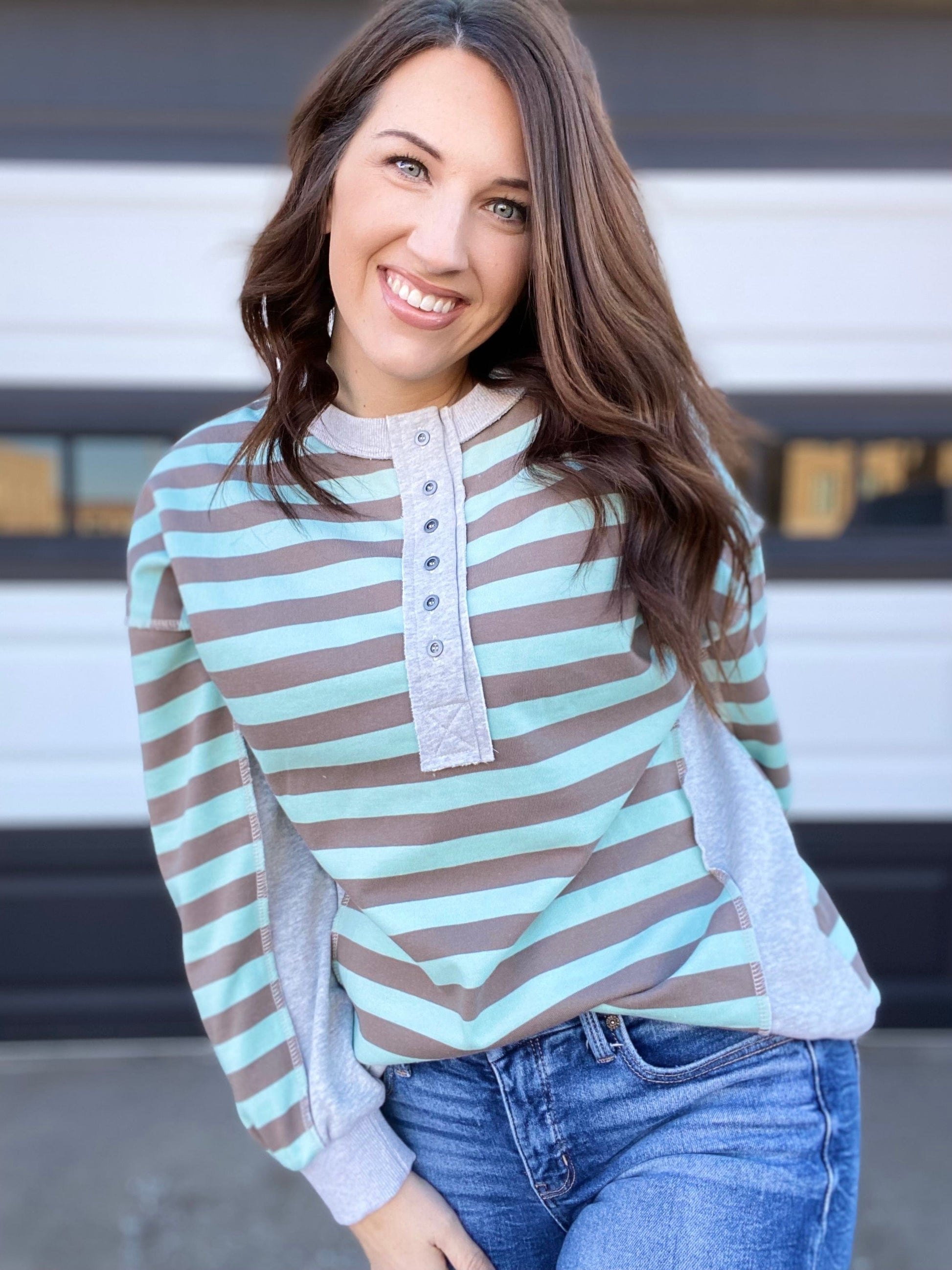 Shirts & Tops Emily Stripe Half Button Pullover- Mint