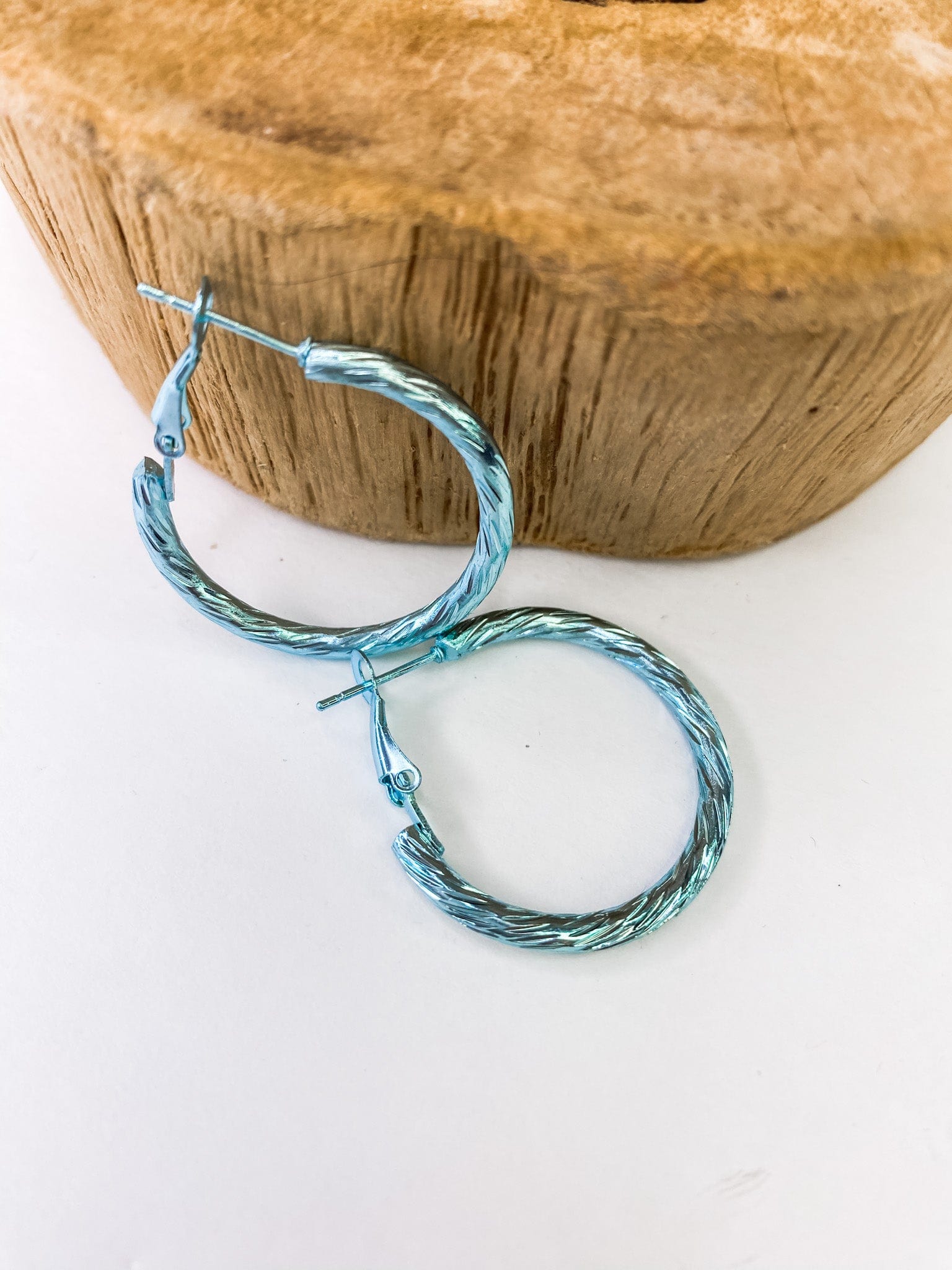 Earrings Fluted Metallic Hoop Aqua