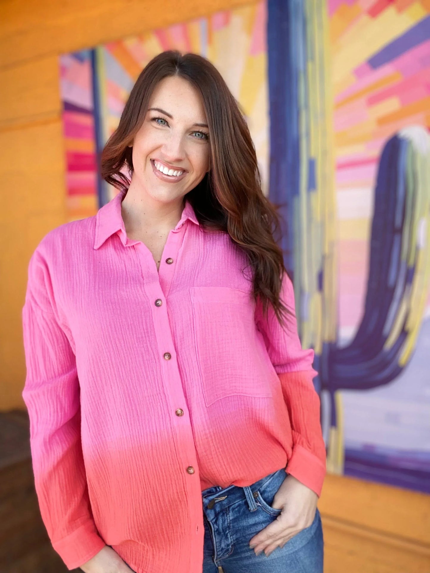 apparel Gauzy Button Down Ombre Pink