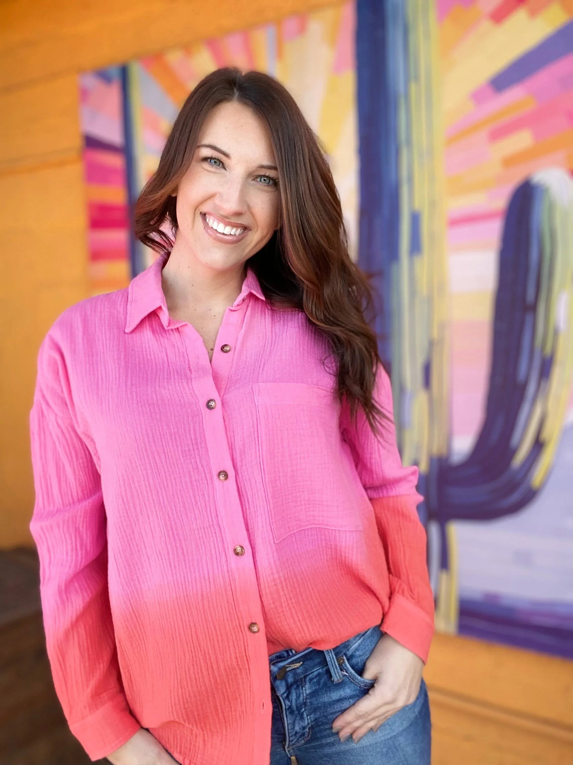 apparel Gauzy Button Down Ombre Pink