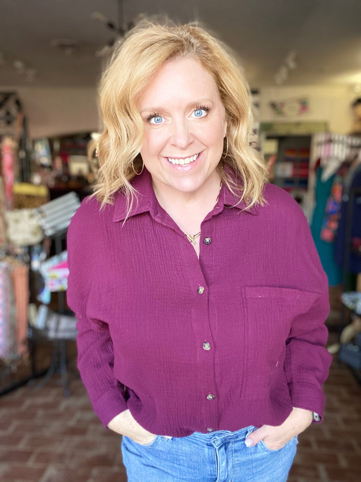 Gauzy Button Down Plum Top