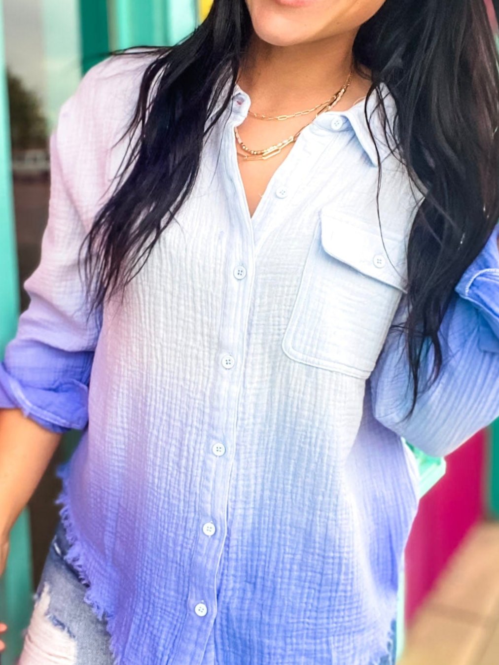 Gauzy Ombre Button Down Top- Blue