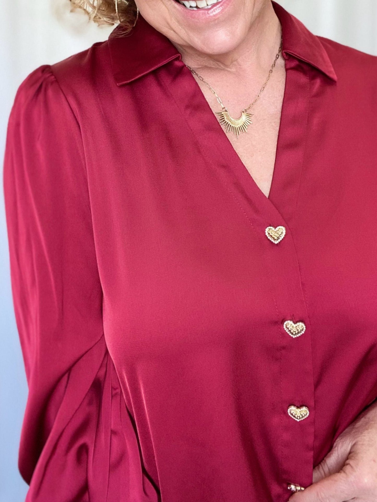 Satin Heart Button Blouse- Red