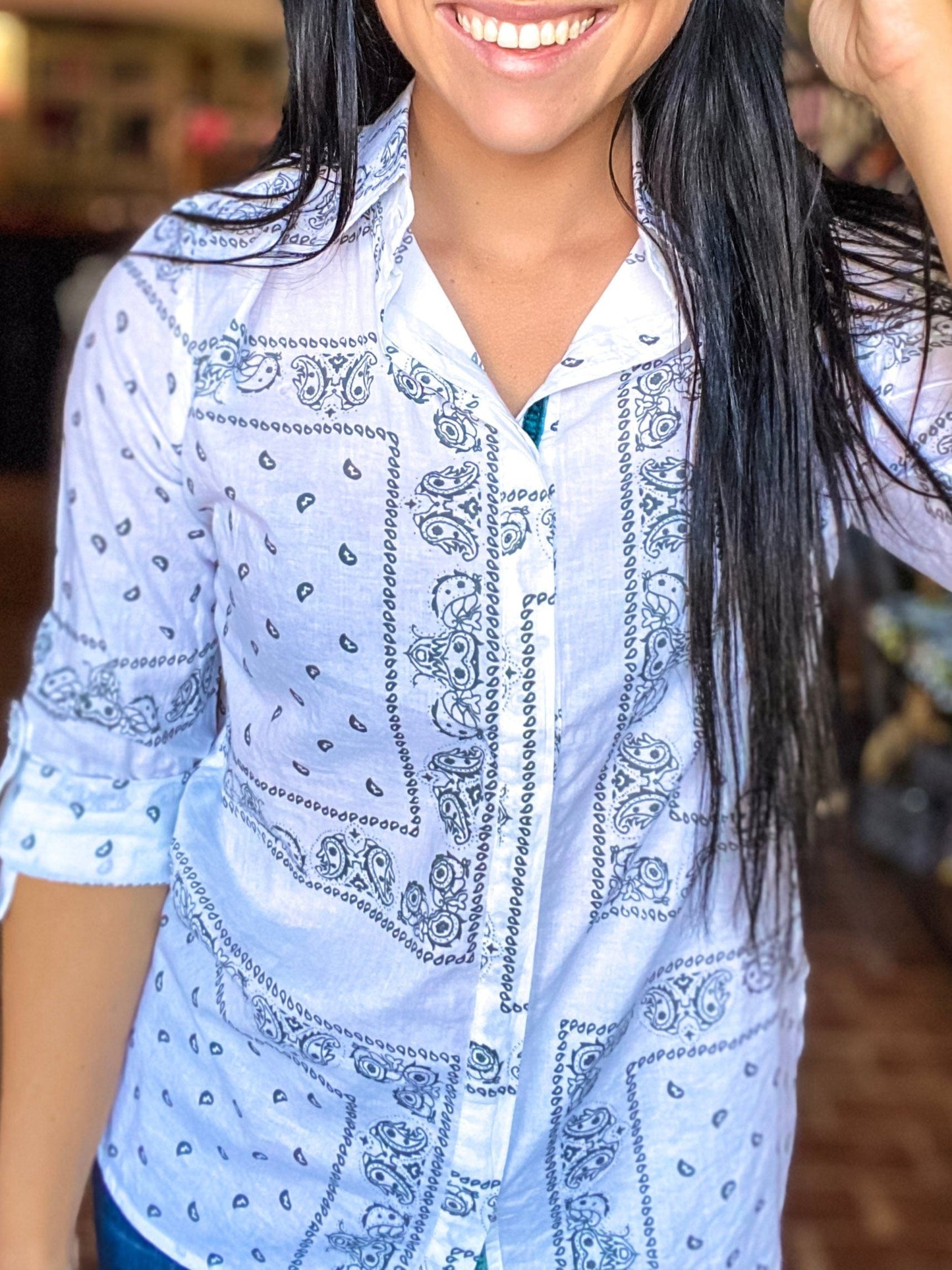 Tops Pretty Paisley Button Down- Olive Gray