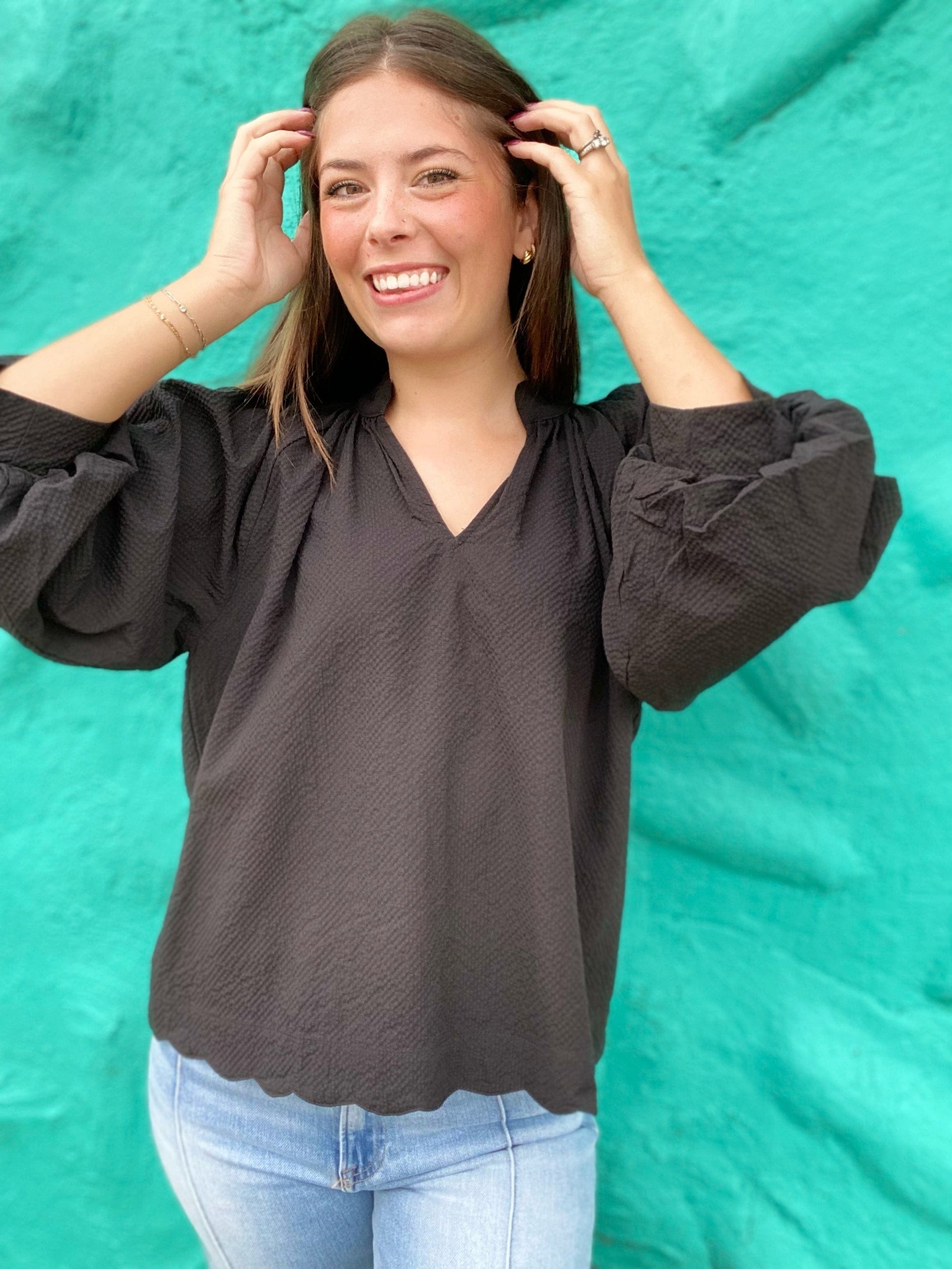 Tops Reese Vneck Balloon Sleeve Top-Black