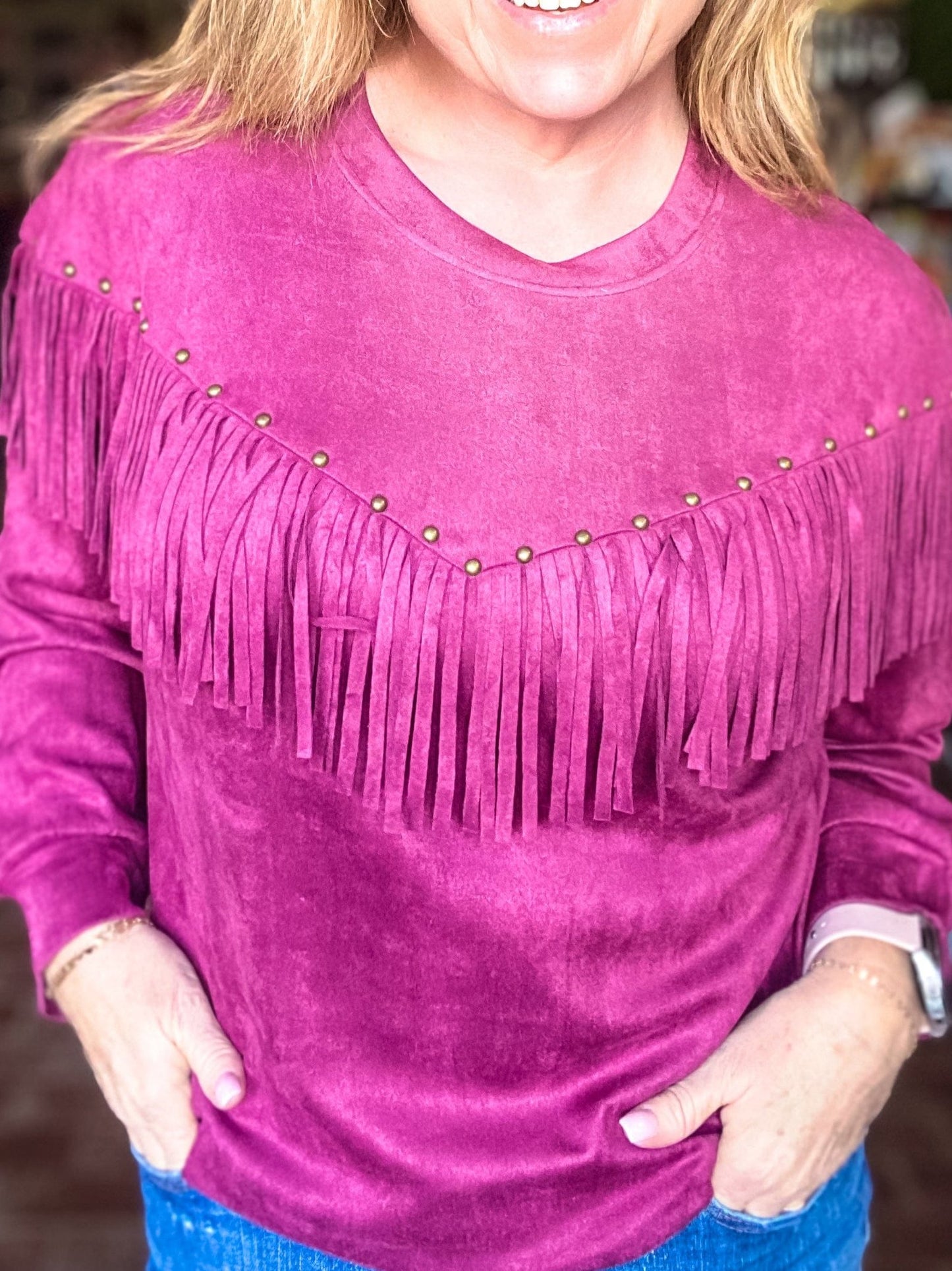 Tops Retro Studded Fringe Pullover- Wine