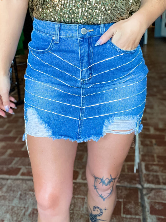 skirt Rhinestone Fringe Mini Skirt Mid Denim